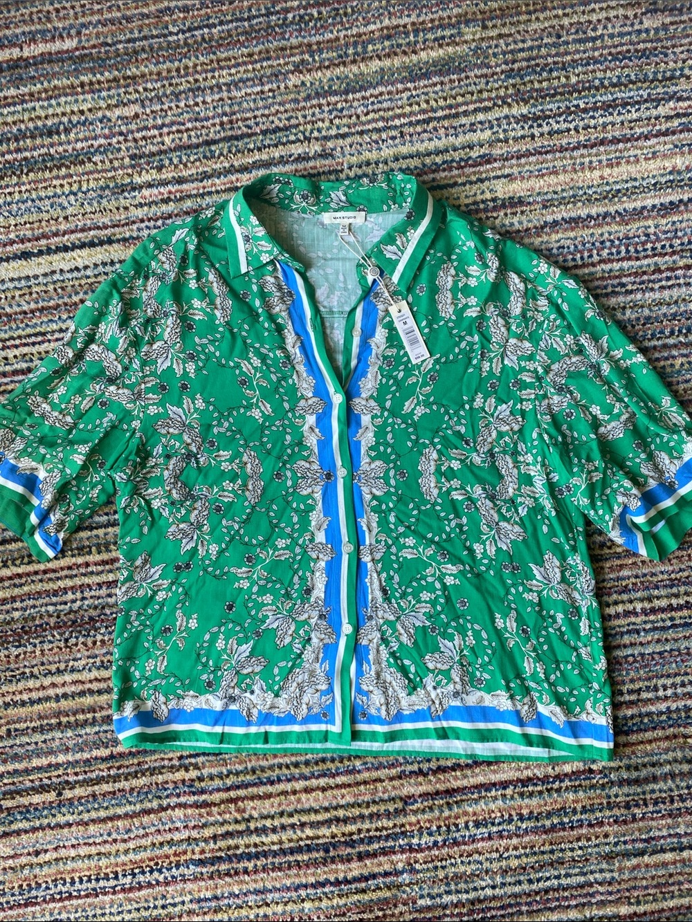 Max Studio Green Floral Button-Up with Blue Stripe Trim